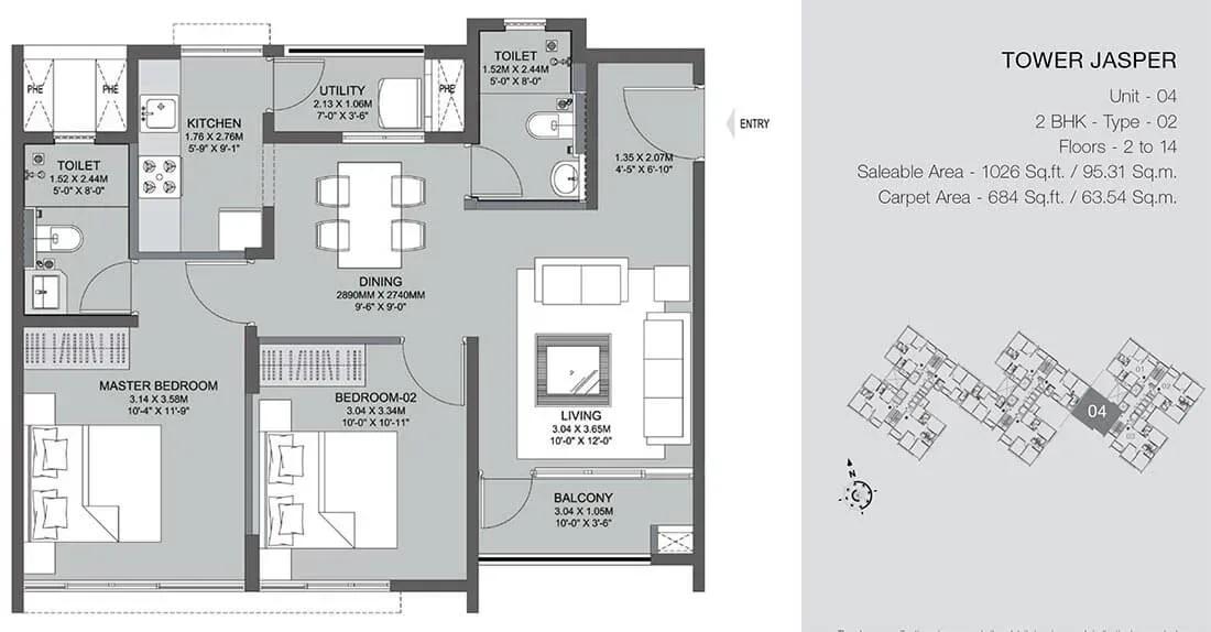 Godrej Azure apartments 2 BHK Jasper 1026 floor plan