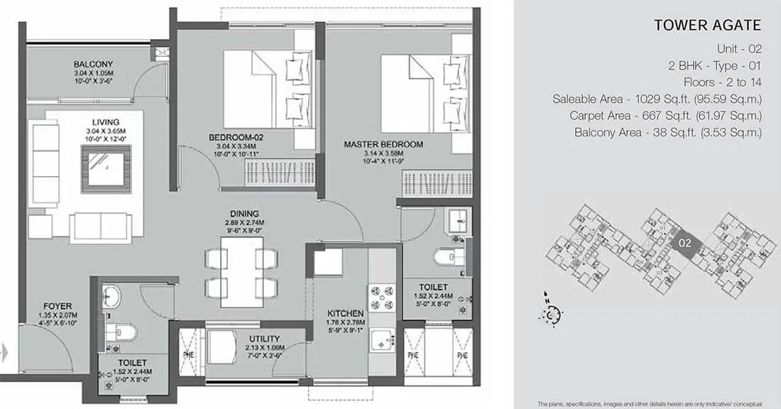 Godrej Azure apartments 2 BHK Agate 1029 floor plan