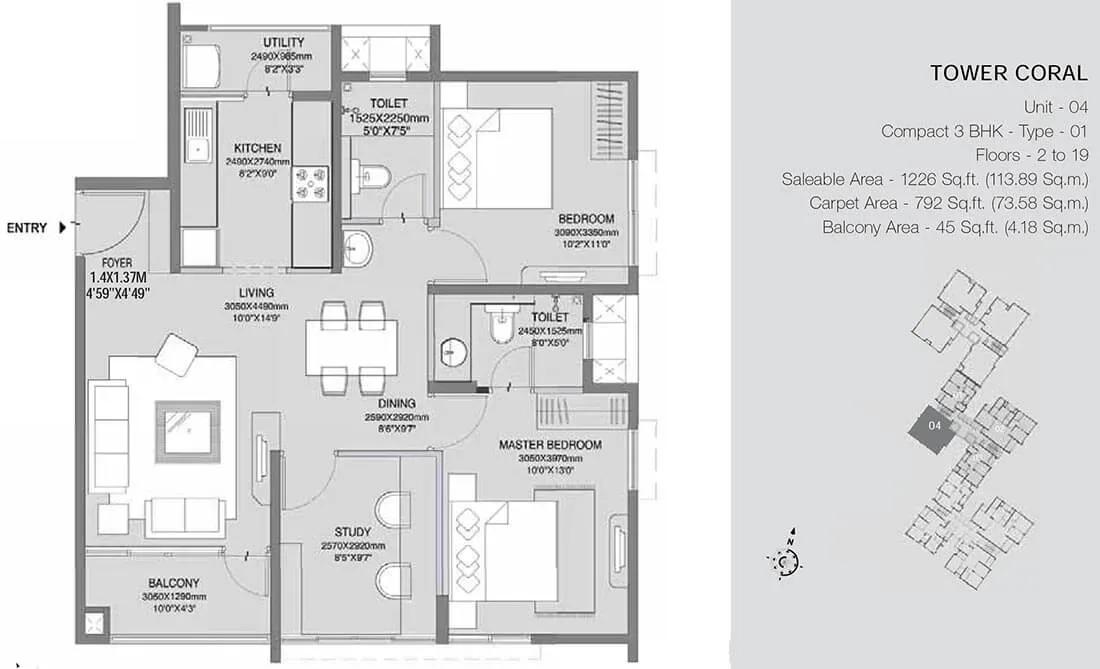 Godrej Azure apartments 3 BHK Coral 1226 floor plan