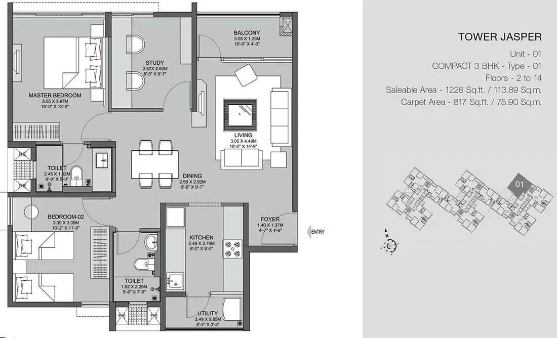Godrej Azure apartments 3 BHK Jasper 1226 floor plan
