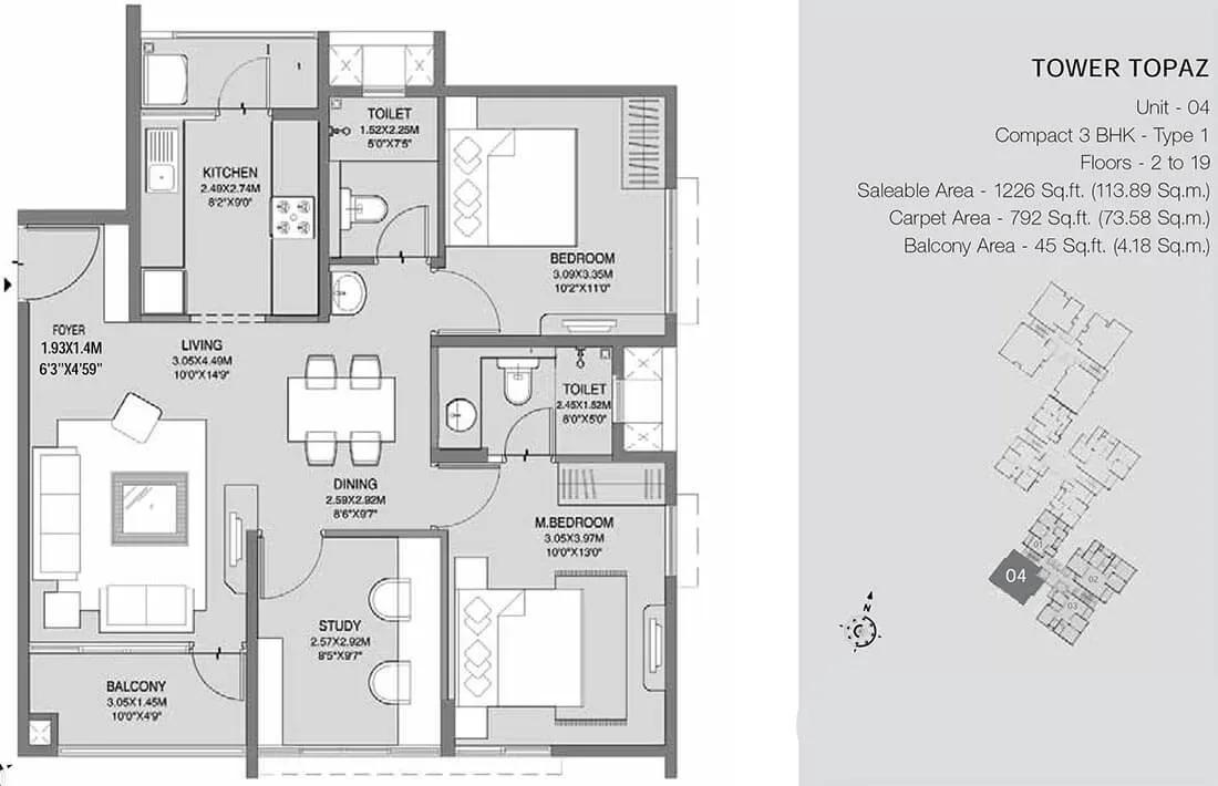 Godrej Azure apartments 3 BHK Topaz 1226 floor plan