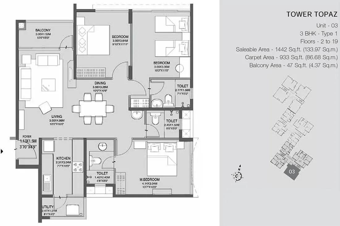 Godrej Azure apartments 3 BHK Topaz 1442 floor plan