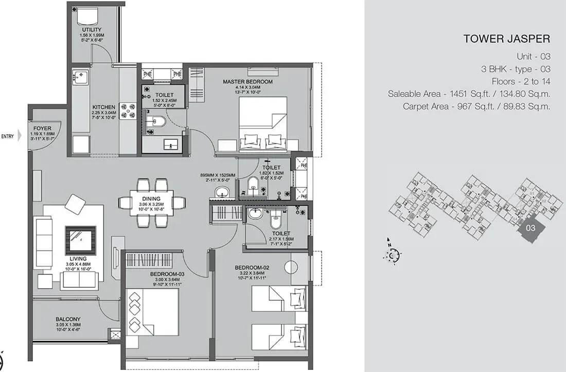 Godrej Azure apartments 3 BHK Jasper 1451 floor plan