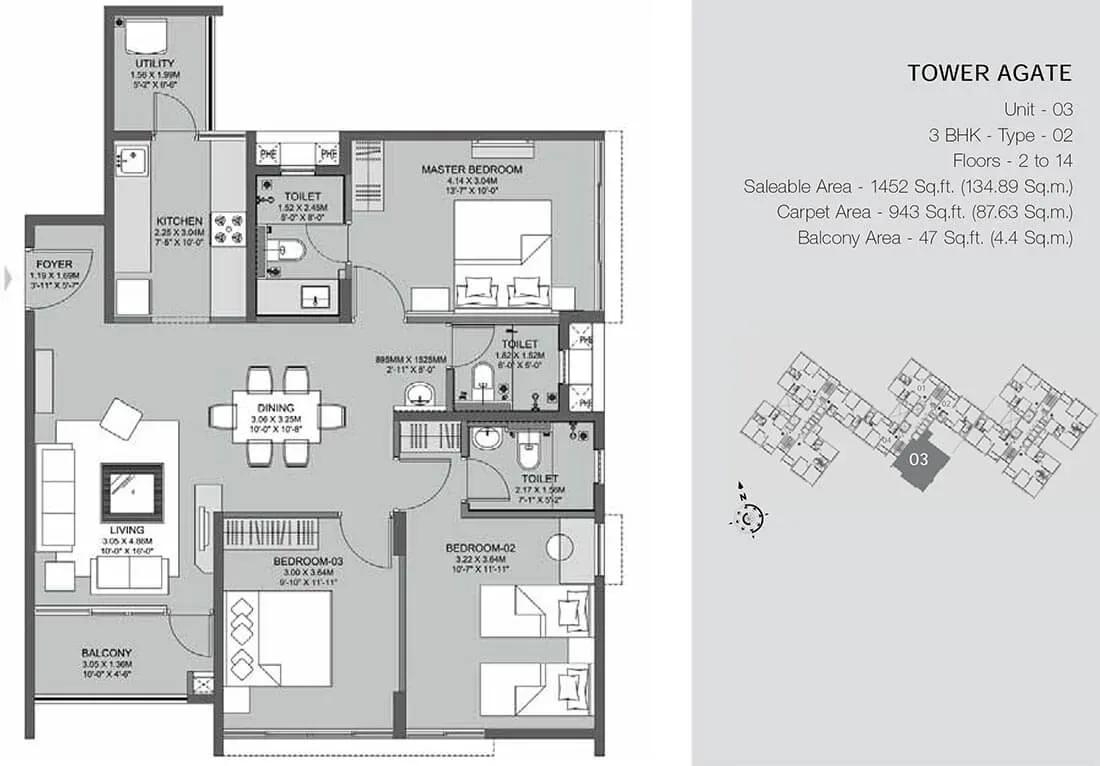 Godrej Azure apartments 3 BHK Agate 1452 floor plan