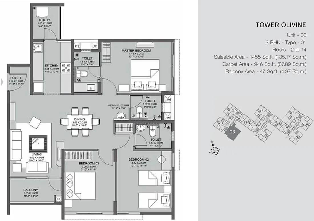 Godrej Azure apartments 3 BHK Olivine 1455 floor plan