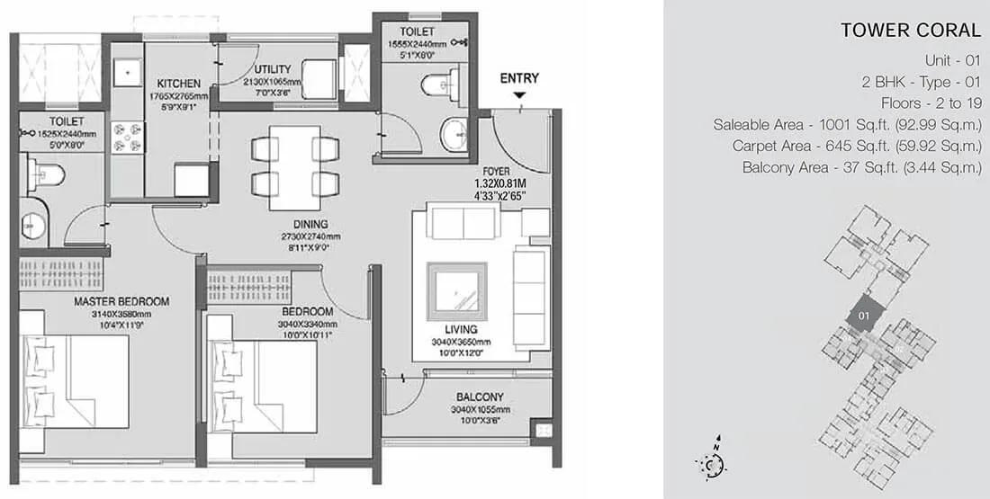 Godrej Azure apartments 2 BHK Coral 1001 floor plan