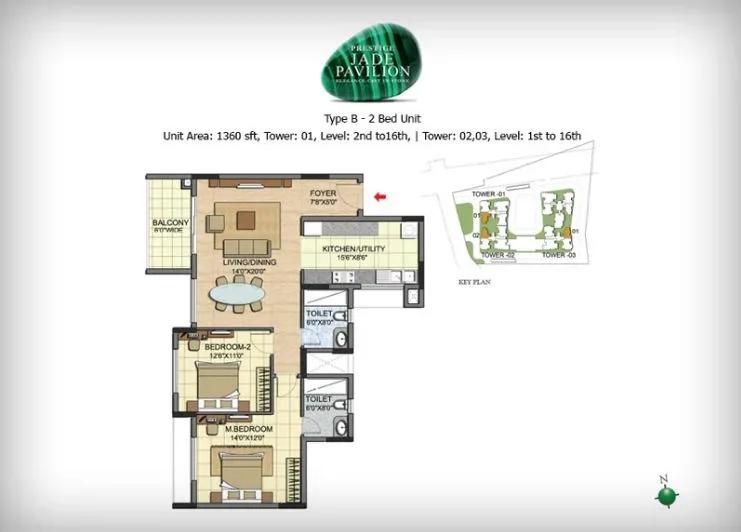 Prestige Jade Pavilion 2 BHK 1360 sq ft floor plan