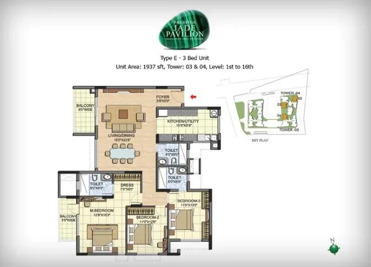 Prestige Jade Pavilion 3 BHK 1937 sq ft floor plan