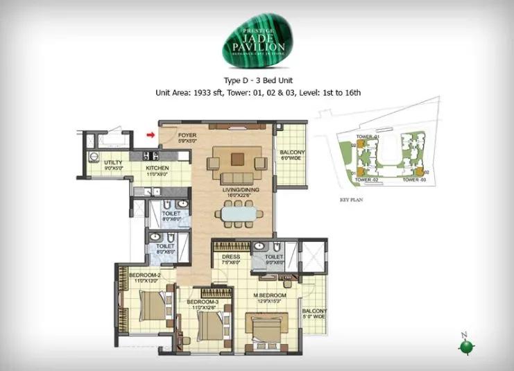 Prestige Jade Pavilion 3 BHK 1933 sq ft floor plan