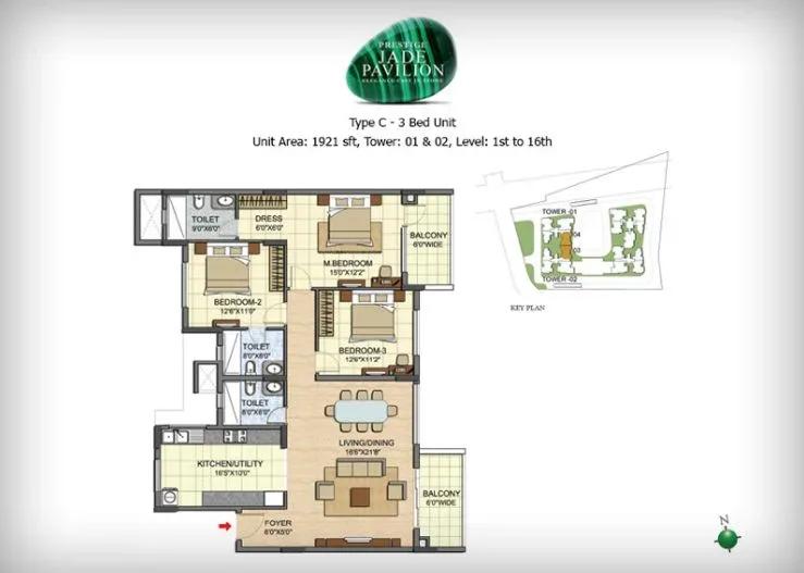 Prestige Jade Pavilion 3 BHK 1921 sq ft floor plan