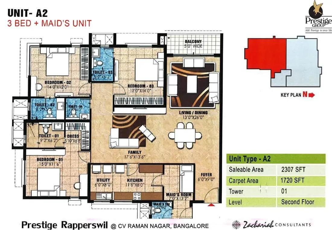 Prestige Rapperswil 3 BHK plus maid 2307 sq ft floor plan