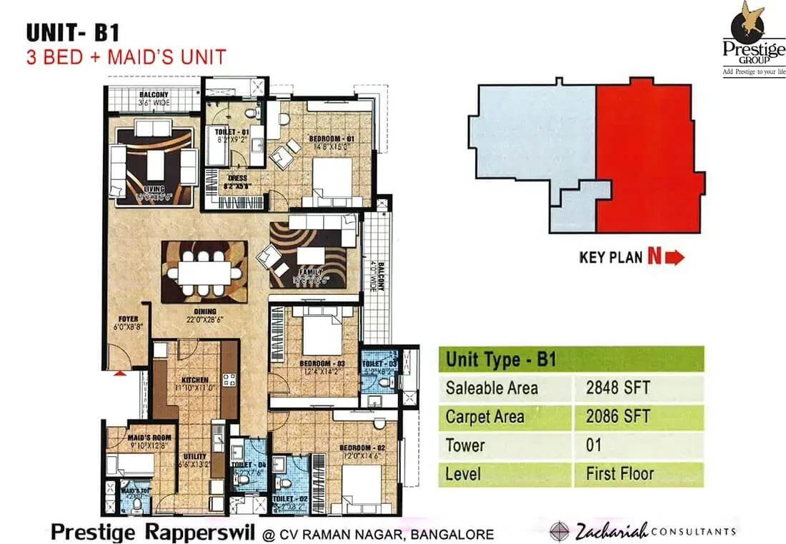 Prestige Rapperswil 3 BHK plus maid 2848 sq ft floor plan