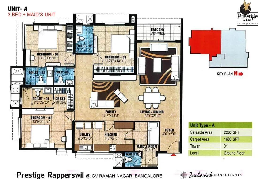 Prestige Rapperswil 3 BHK plus maid 2263 sq ft floor plan