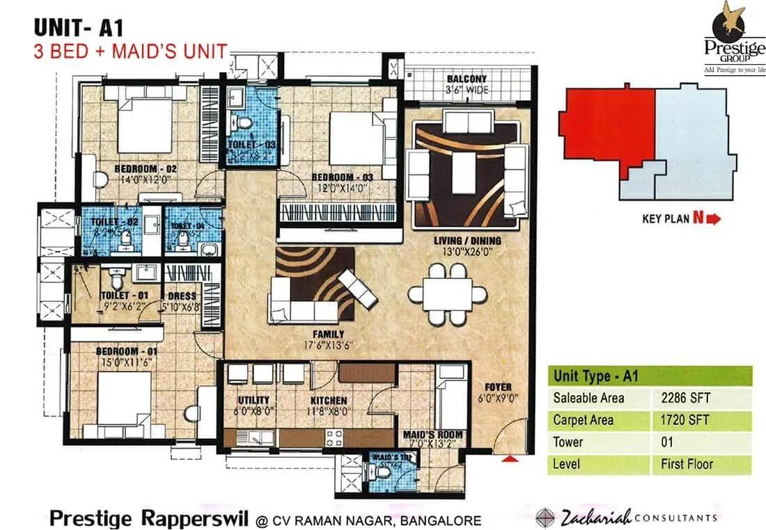 Prestige Rapperswil 3 BHK plus maid 2286 sq ft floor plan