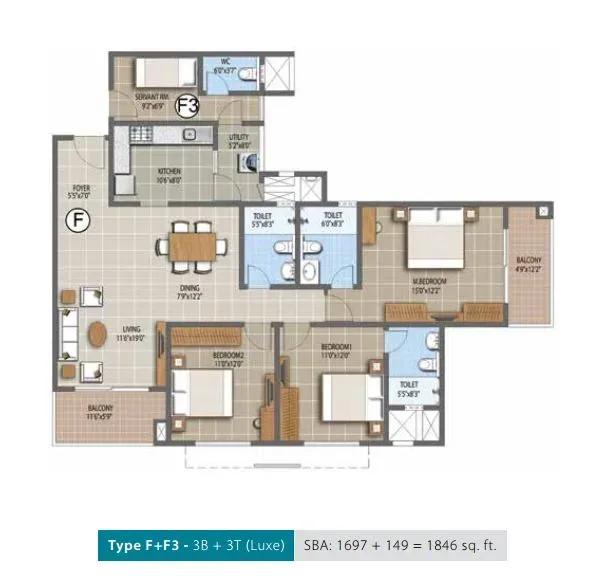 Purva Palm Beach apartments 3 BHK 1846 sq ft floor plan
