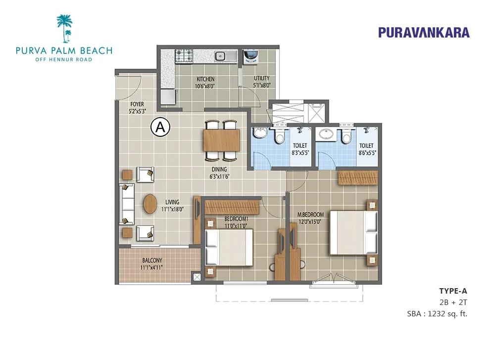 Purva Palm Beach apartments 2 BHK 1232 sq ft floor plan