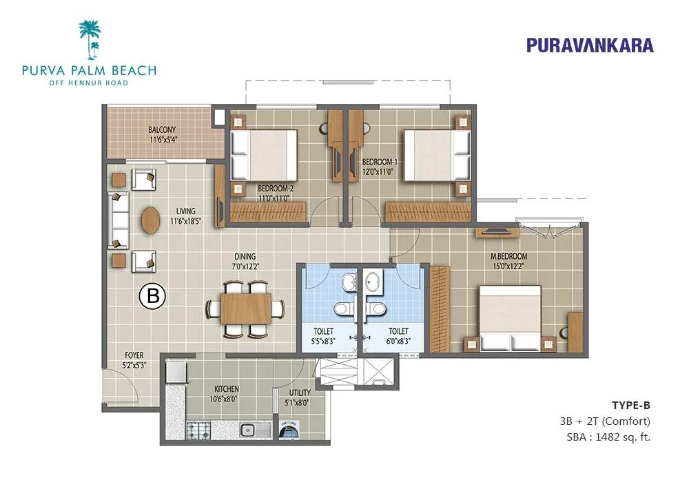 Purva Palm Beach apartments 3 BHK 1481 sq ft floor plan