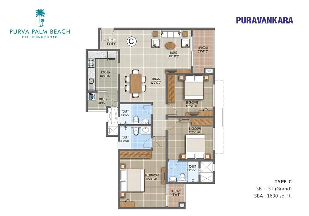 Purva Palm Beach apartments 3 BHK 1630 sq ft floor plan