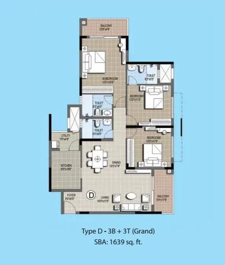 Purva Palm Beach apartments 3 BHK 1639 sq ft floor plan