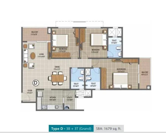 Purva Palm Beach apartments 3 BHK 1679 sq ft floor plan