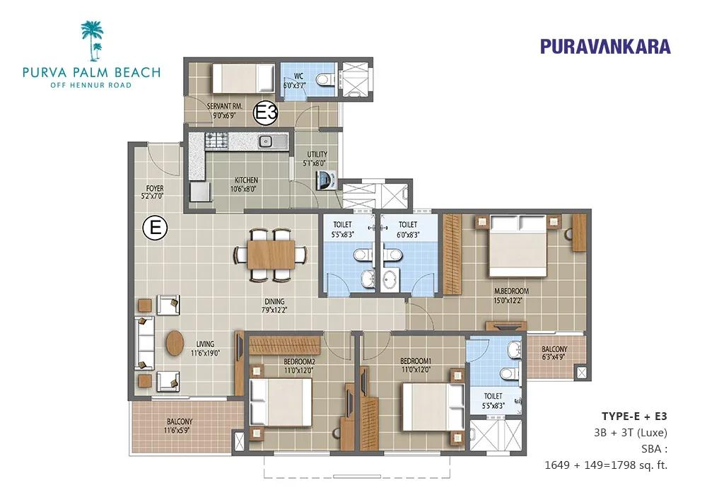 Purva Palm Beach apartments 3 BHK 1798 sq ft floor plan
