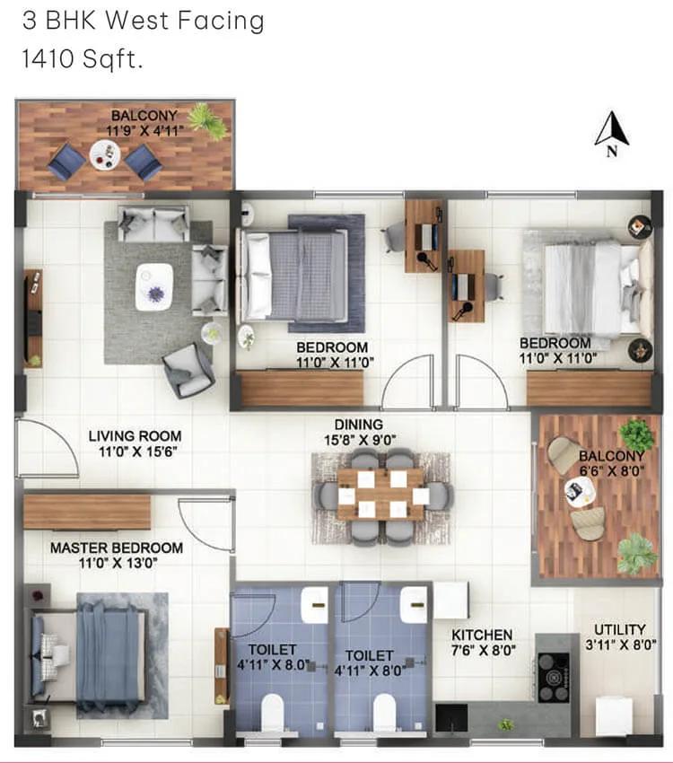 Abhee Pride 3 BHK floor plan, about 1,410 sq ft