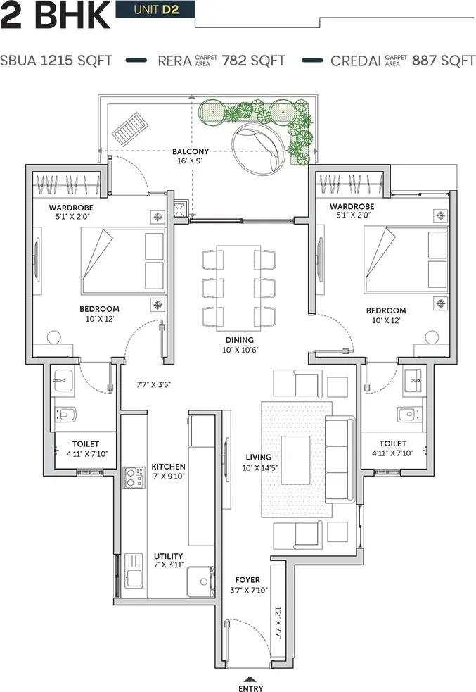 Assetz Sun and Sanctum apartments 2 BHK 1215 sq ft floor plan