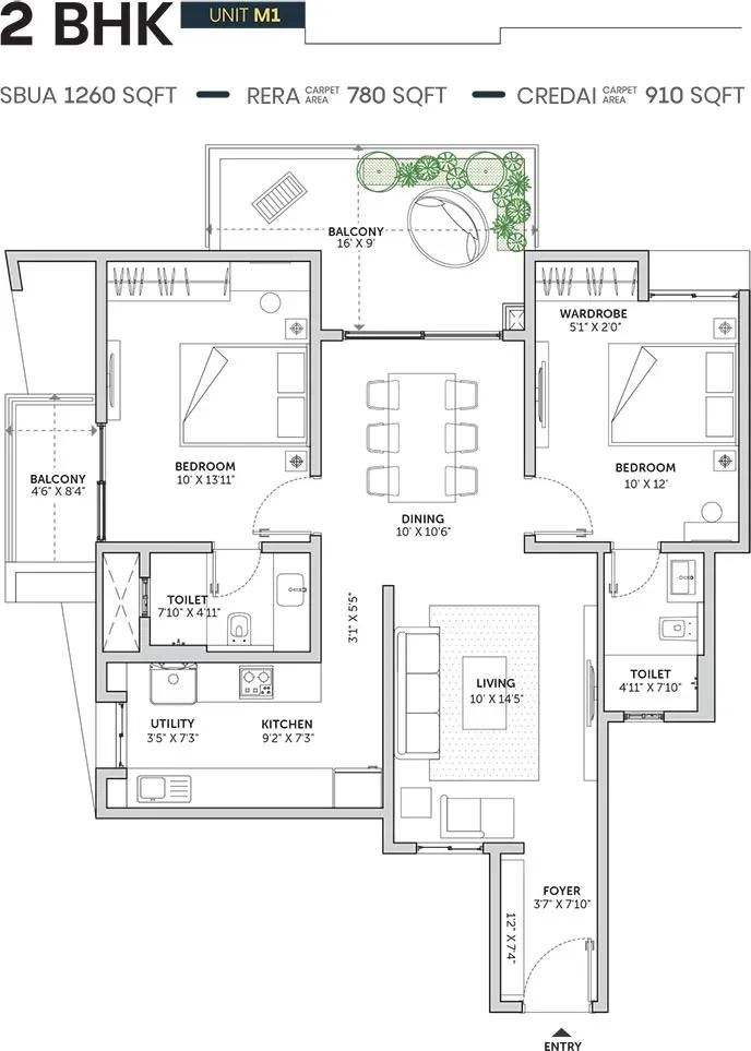 Assetz Sun and Sanctum apartments 2 BHK 1260 sq ft floor plan