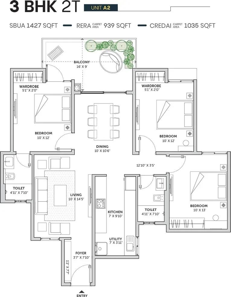 Assetz Sun and Sanctum apartments 3 BHK 2T 1427 sq ft floor plan