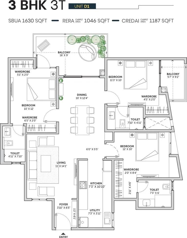 Assetz Sun and Sanctum apartments 3 BHK 3T 1630 sq ft floor plan