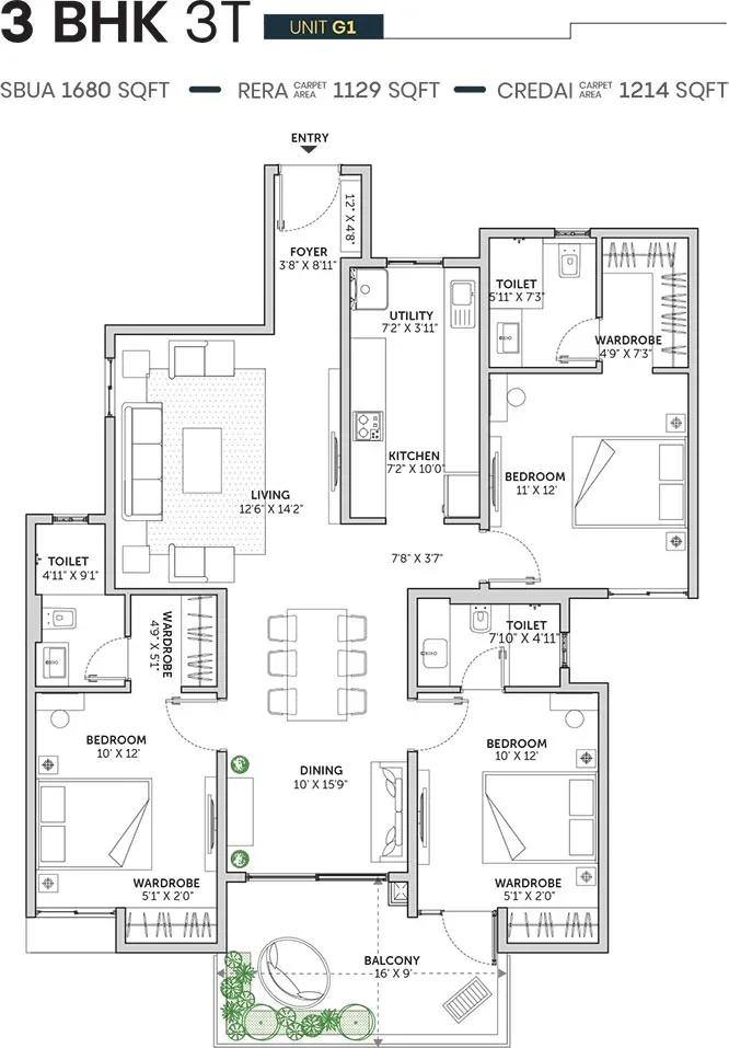Assetz Sun and Sanctum apartments 3 BHK 3T 1680 sq ft floor plan