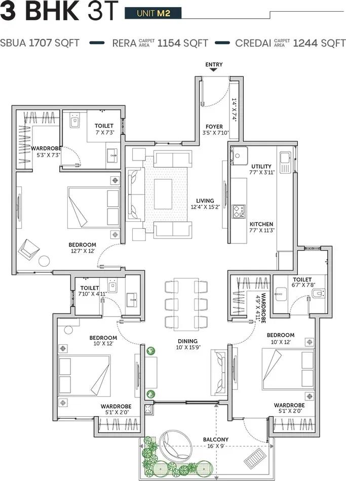 Assetz Sun and Sanctum apartments 3 BHK 3T 1707 sq ft floor plan