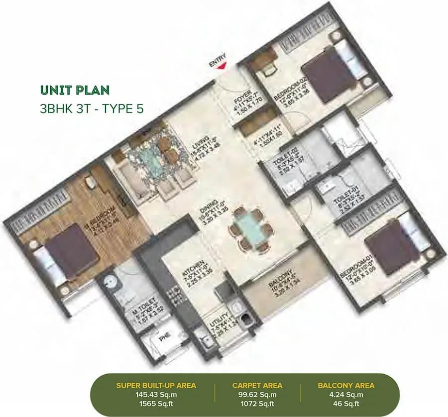 Brigade Calista apartments 3 BHK floor plan