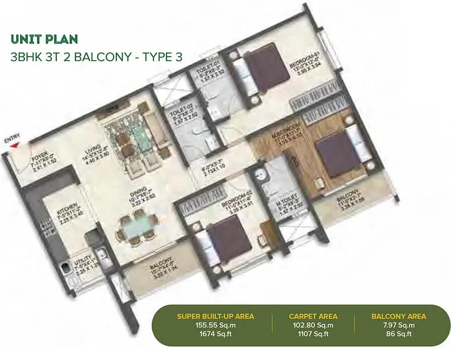 Brigade Calista apartments 3 BHK floor plan
