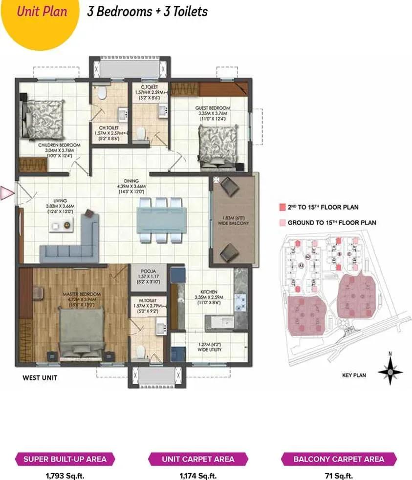 Brigade Citadel apartments 3 BHK 1793 sq ft floor plan