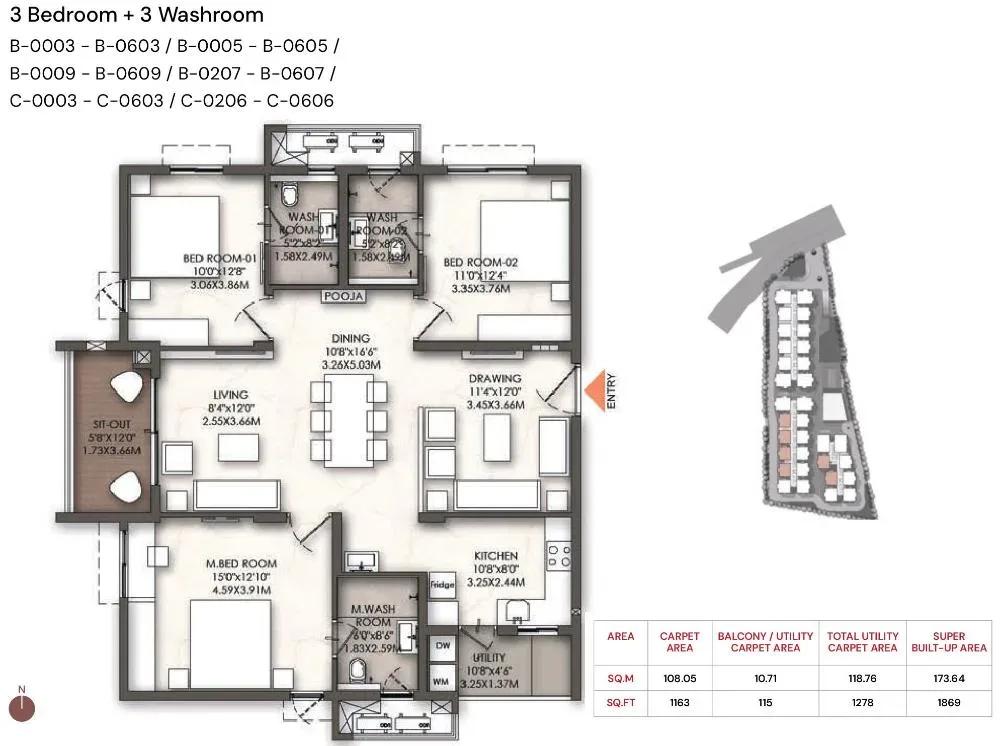 Brigade Enclave apartments 3 BHK 1869 sq ft floor plan