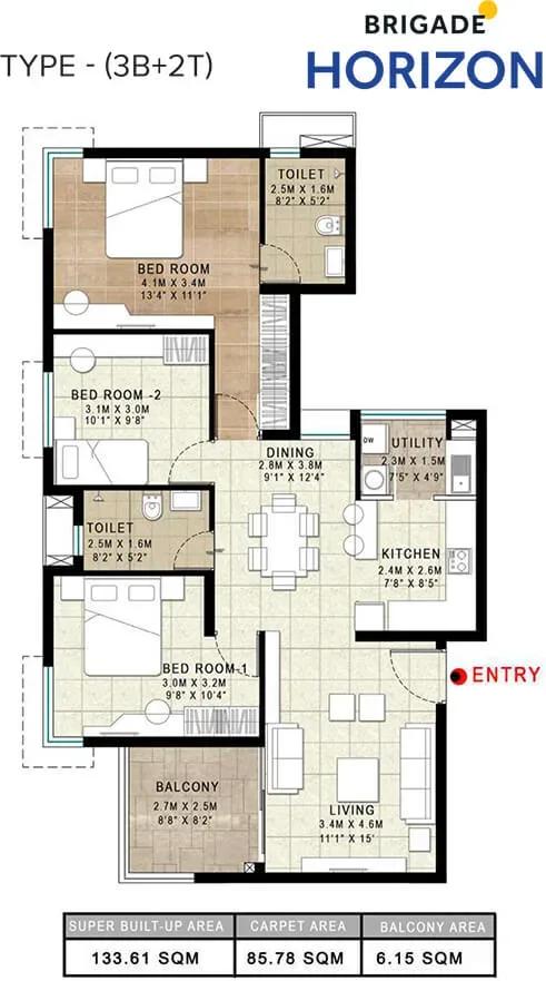 Brigade Horizon apartments 3 BHK floor plan