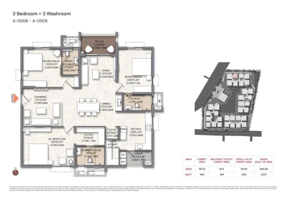 Brigade Manor apartments 3 BHK 2207 sq ft floor plan