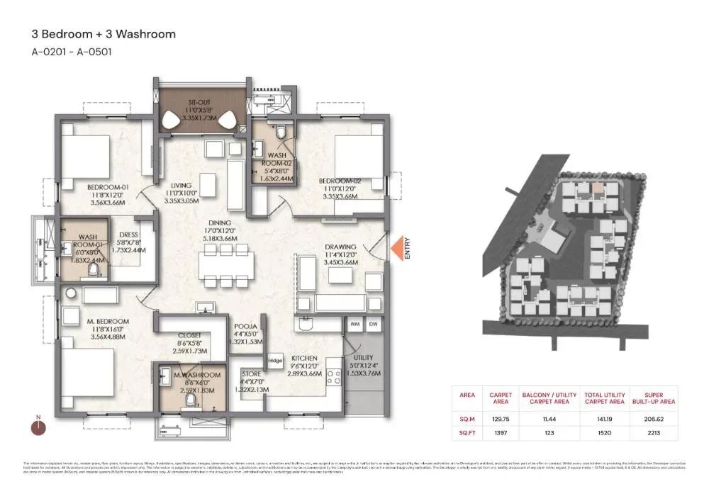 Brigade Manor apartments 3 BHK 2213 sq ft floor plan