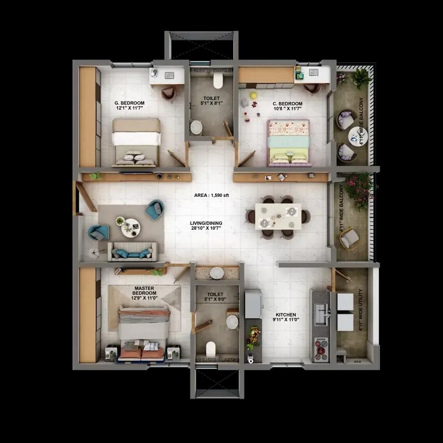 Candeur Eternia apartments 2.5 BHK 1590 sq ft floor plan