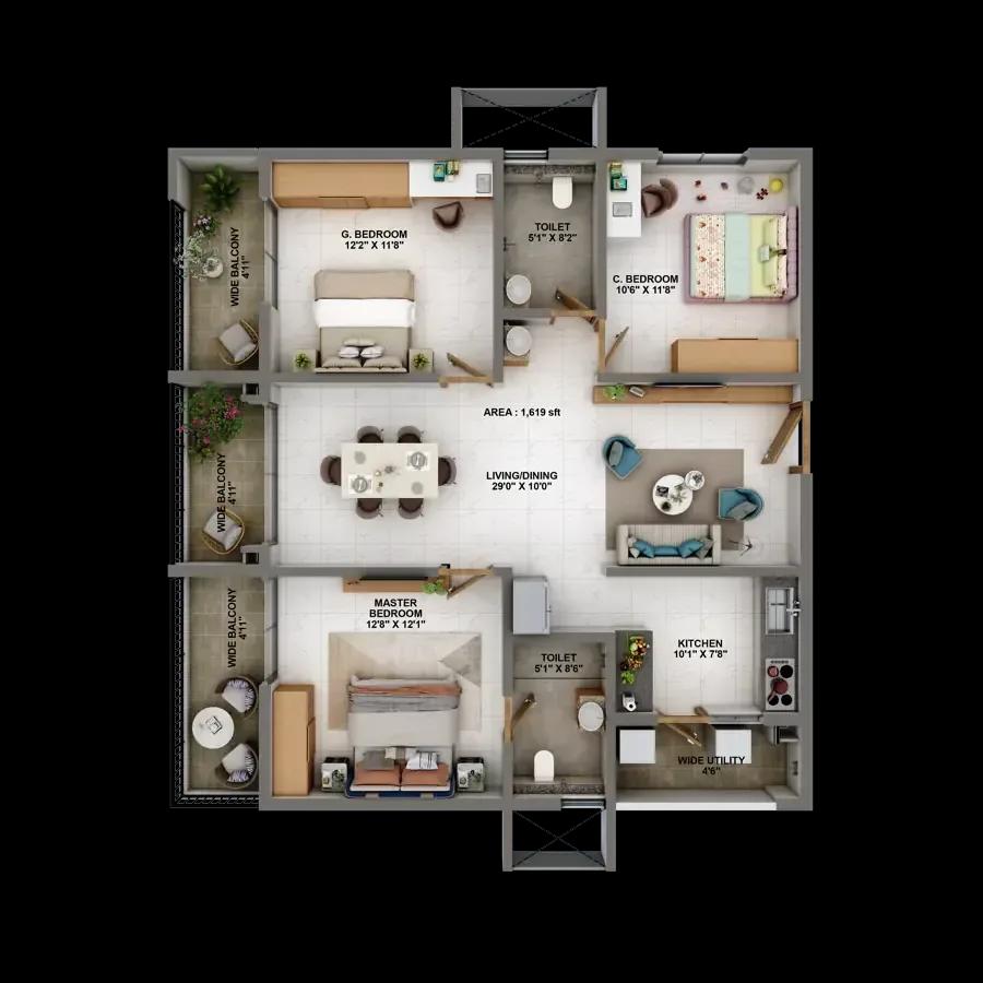 Candeur Eternia apartments 2.5 BHK 1619 sq ft floor plan