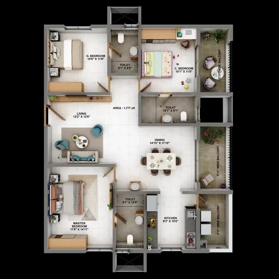 Candeur Eternia apartments 3 BHK 1777 sq ft floor plan