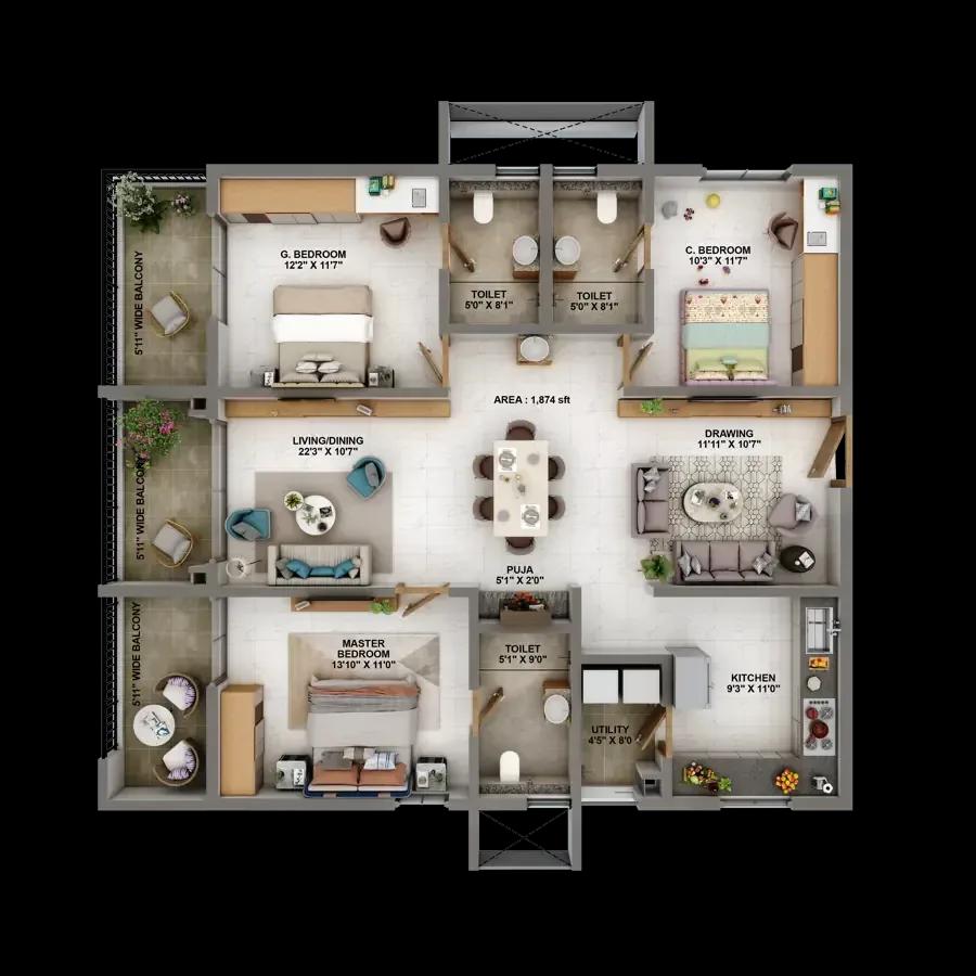 Candeur Eternia apartments 3 BHK 1874 sq ft east floor plan