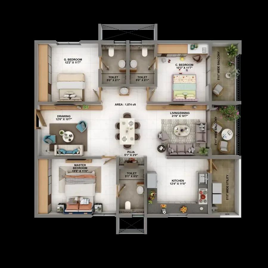 Candeur Eternia apartments 3 BHK 1874 sq ft west floor plan