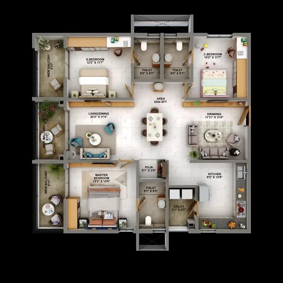 Candeur Eternia apartments 3 BHK 2004 sq ft east floor plan
