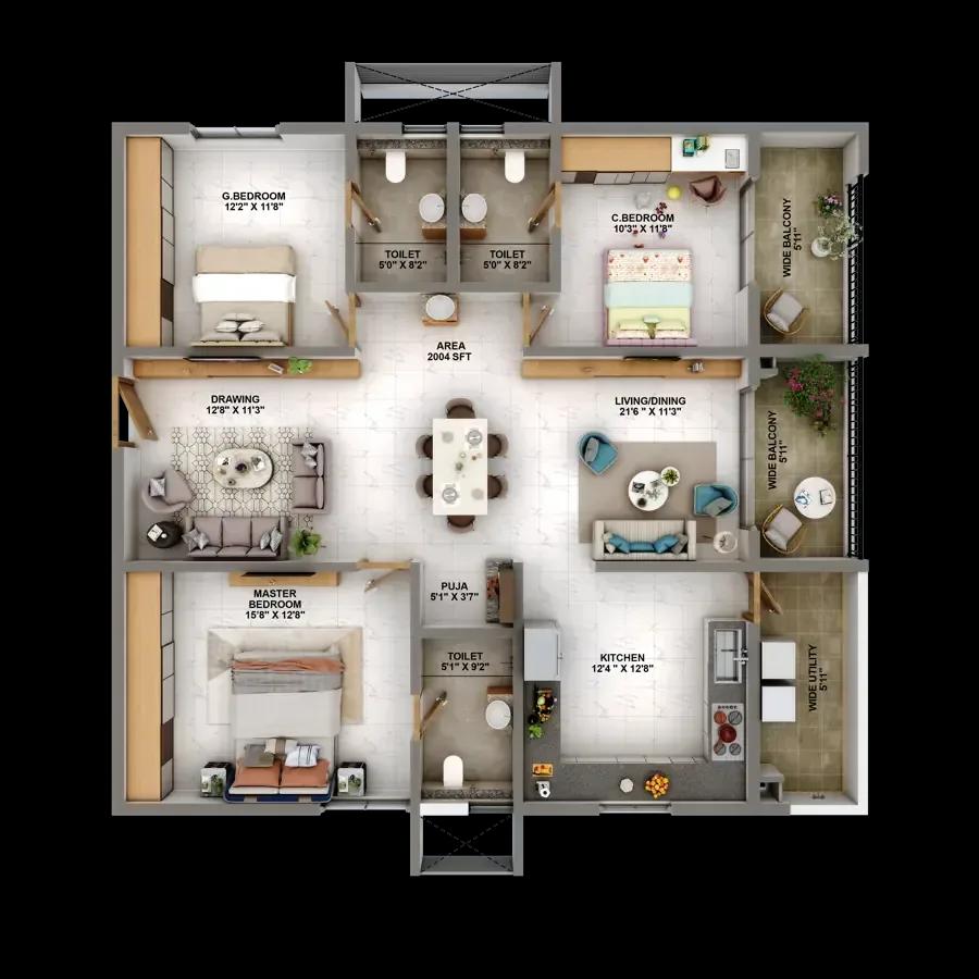 Candeur Eternia apartments 3 BHK 2004 sq ft west floor plan