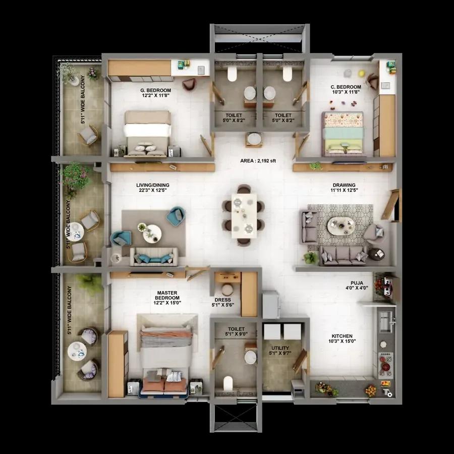 Candeur Eternia apartments 3 BHK 2192 sq ft east floor plan