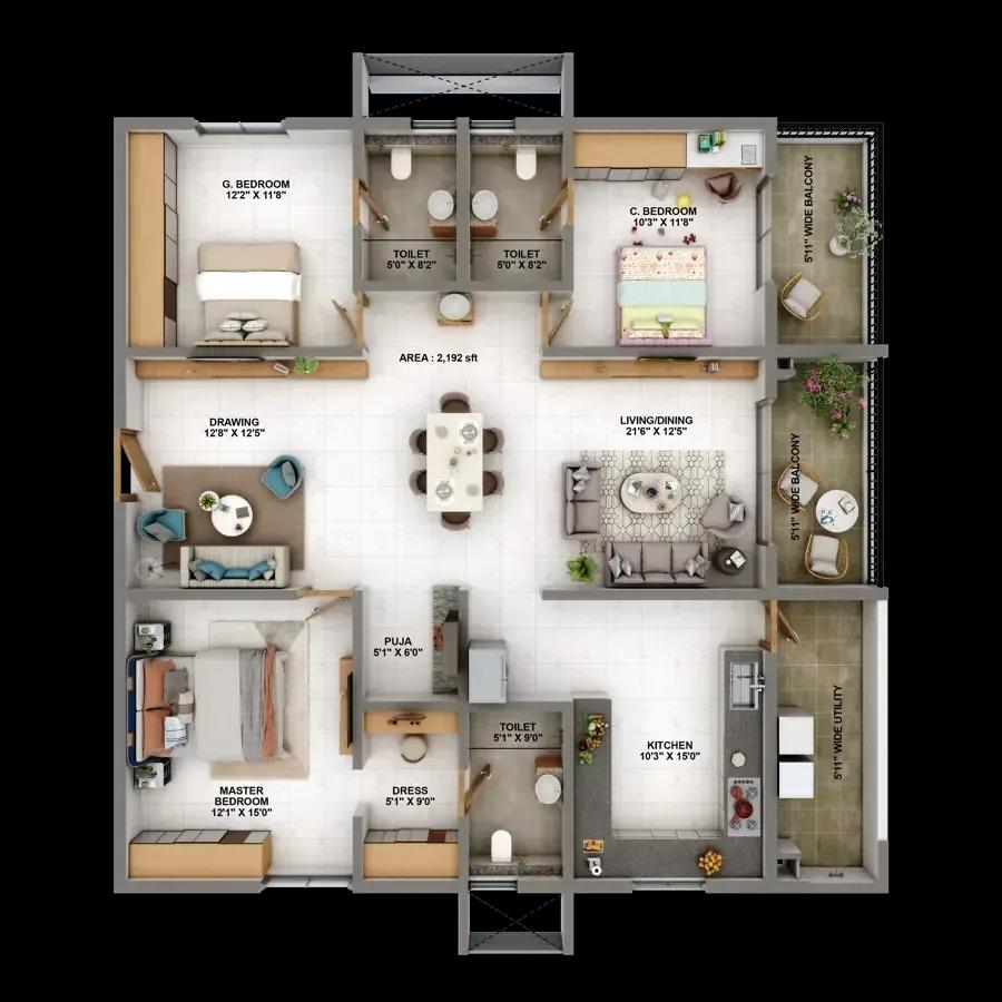Candeur Eternia apartments 3 BHK 2192 sq ft west floor plan
