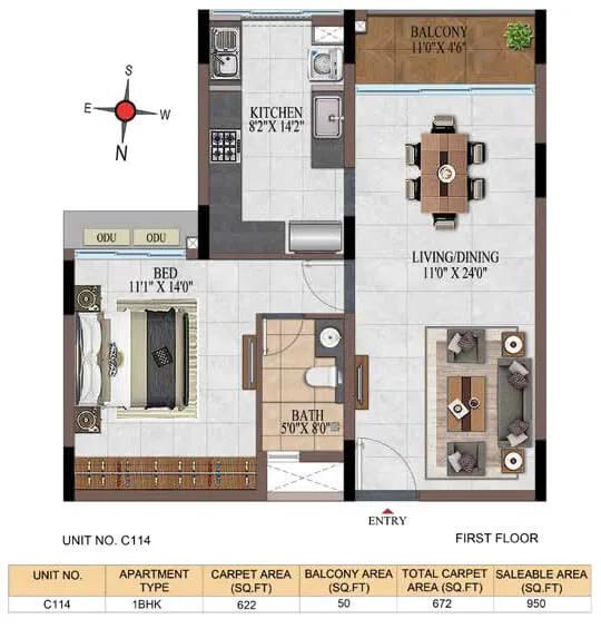 Casagrand Estancia 1 BHK floor plan, about 950 sq ft