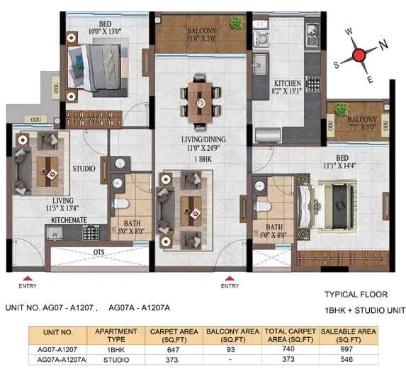 Casagrand Estancia 1 BHK floor plan, about 997 sq ft